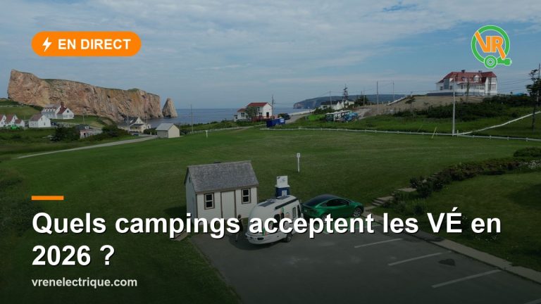 Roulotte et Tesla électrique au camping du Rocher Percé