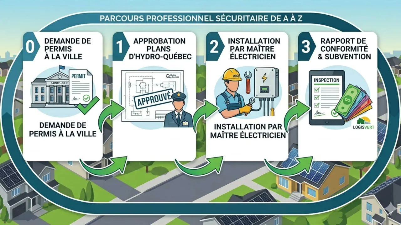 Parcours d'un projet solaire, permis de la ville, approbation Hydro-Québec, installation par maître électricien, rapport de conformité et subvention